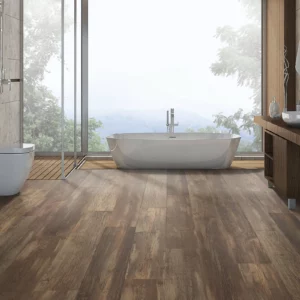 Waterproof laminate flooring in a bathroom | Petersen's Carpet & Flooring