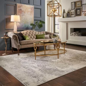 Neutral area rug in living room | Petersen's Carpet & Flooring