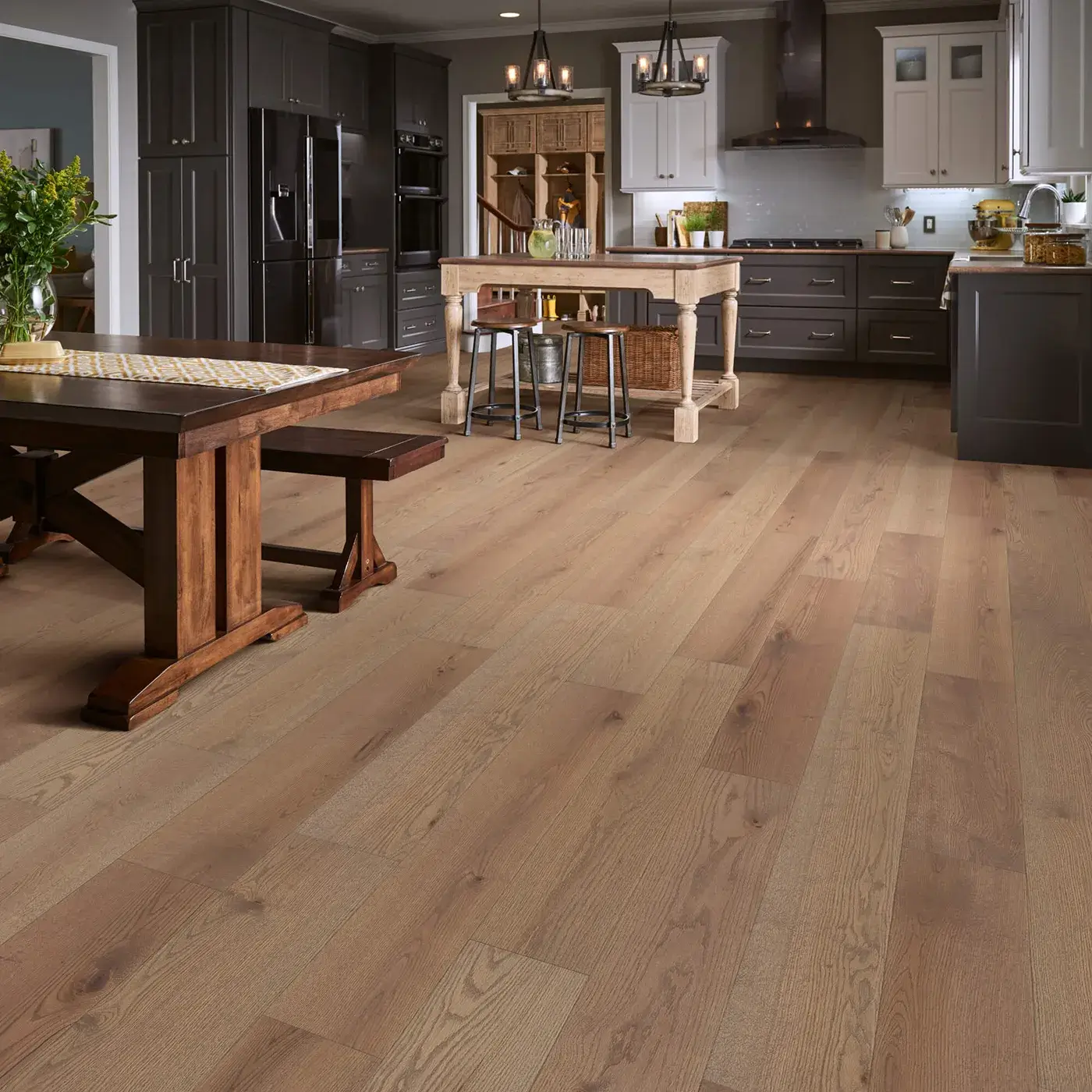 LandmarkSlicedOak-SW747-05099-GreatBasin-RM Shaw Floors hardwood in a light brown color in a kitchen | Petersen's Carpet and Flooring